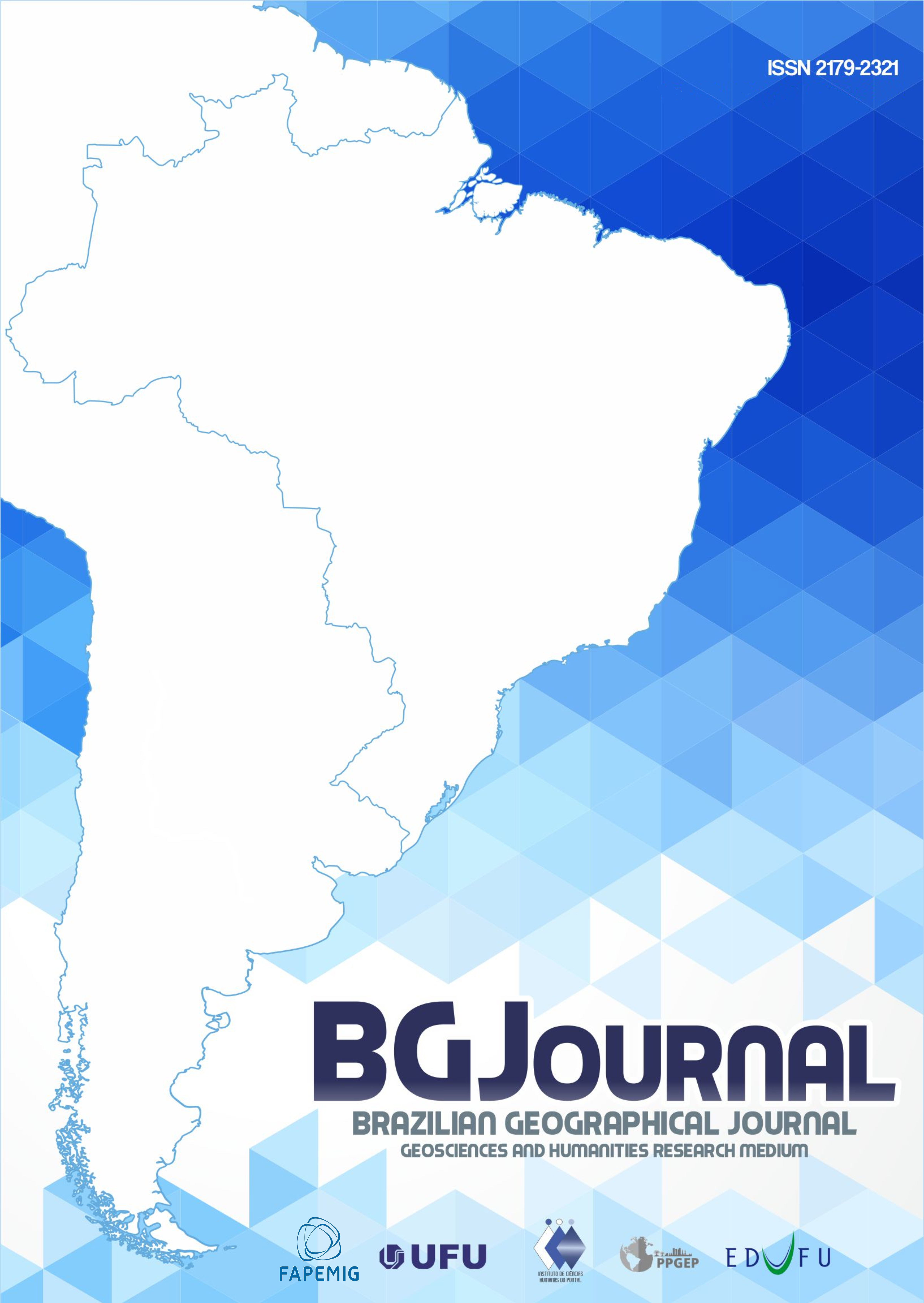 Sombra do mapa da América do Sul em branco com fundo em tons de azul em degradê em formatos triangulares. Em destaque, o título do periódico: Brazilian Geographical Journal: geociences and humanities research medium